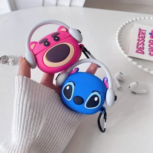 Adorable Animated Character Earphone Cases - Durable Silicone, Cute Pink Bear & Blue Stitch Designs, Perfect for Protecting Your Headphones, Ideal Gift for Fans, Headphone Holder|Playful Accessory|Silicone Headphone Case