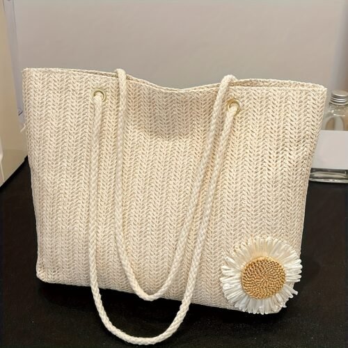 2 Colors Available Bohemian Woven Tote Bag with Sunflower Accents - Spacious Khaki/White Women'S Shoulder Bag, Perfect for Beach Vacations and Casual Outings, Lightweight Stylish Design, Beach Bag
