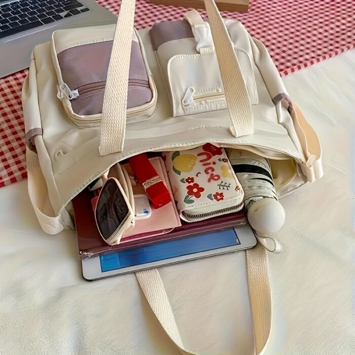 Women'S Black & Beige Two-Tone Adjustable Strap Tote Bag - Foldable, Zipper Closure, Removable Pouch, Polyester Lining, Machine Washable, Everyday Commute Bag|Foldable Tote Bag|Zippered Closure, Tote Bag - Image 4