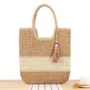 [Everyday Comfort] Large Capacity Woven Straw Tote Bag for Women - Stylish Beach Shoulder Handbag with Tassel Detail, Light Brown & Beige Two-Tone Design, Perfect for Spring and Summer Travel or Casual Outings, Casual Handbag | Chic Straw Tote | Natural Texture, Straw Handbag