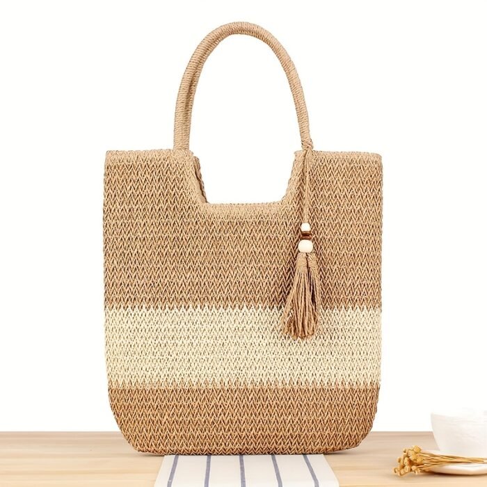 [Everyday Comfort] Large Capacity Woven Straw Tote Bag for Women - Stylish Beach Shoulder Handbag with Tassel Detail, Light Brown & Beige Two-Tone Design, Perfect for Spring and Summer Travel or Casual Outings, Casual Handbag | Chic Straw Tote | Natural Texture, Straw Handbag - Image 5