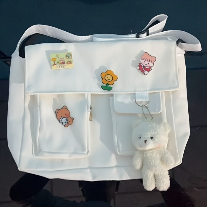 Women's Anime-Themed Messenger Bag with Free Blush Bear & Acrylic Accessories - Adjustable Strap, A4 Capacity, White/Black Casual Crossbody Shoulder Bag for, Work, Travel, Kawaii Bag, Work Accessory, Anime Accessory, Polyester Lined - Image 5