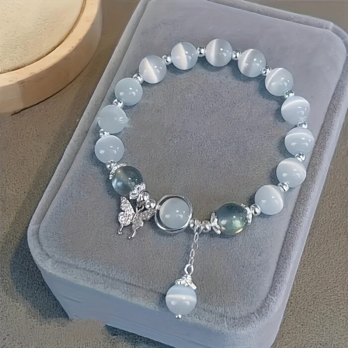 Charming Glass Cat's Eye Bead Bracelet with Butterfly Pendant - Perfect Gift for Women and s - Image 2