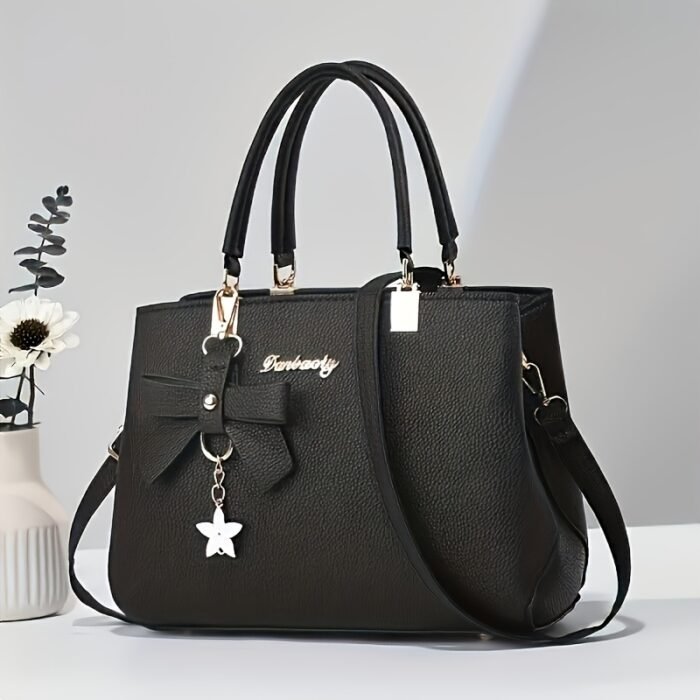Elegant Black Handbag with Lychee Pattern, Bow Detail & Star Charm - Adjustable Shoulder Strap, Zippered Main Compartment - Perfect for Work, Shopping, Dates & Photography - Stylish Minimalist Design, Available in Khaki, Dark Gray, Rose Red, Khaki, Black - Image 2