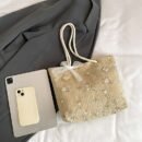 Chic Summer Woven Tote Bag - Korean Style, Beige Fabric with Floral Lace Detailing, Casual Small Crossbody Bucket Bag with White Strap and Polyester Lining, Casual Accessory | Floral Lace Bag | Buckle Closure