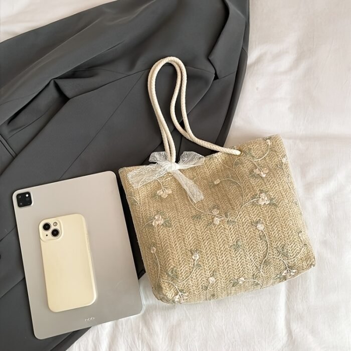 Chic Summer Woven Tote Bag - Korean Style, Beige Fabric with Floral Lace Detailing, Casual Small Crossbody Bucket Bag with White Strap and Polyester Lining, Casual Accessory | Floral Lace Bag | Buckle Closure - Image 10