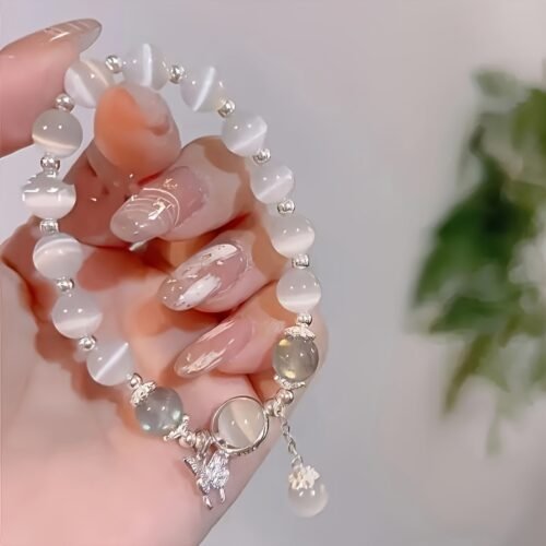 Charming Glass Cat's Eye Bead Bracelet with Butterfly Pendant - Perfect Gift for Women and s