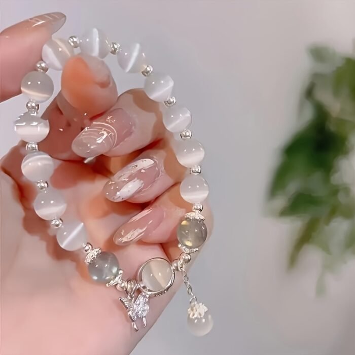 Charming Glass Cat's Eye Bead Bracelet with Butterfly Pendant - Perfect Gift for Women and s