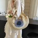 French Hook-Knit Straw Beach Bag - Two-Tone Blue & Beige Circular Woven Design with Double Handles & Zipper Closure, Vintage Bohemian Style for Summer Vacations, Casual Outings, College Commute, Vacation Accessory, Twotone Design, Textured Appearance