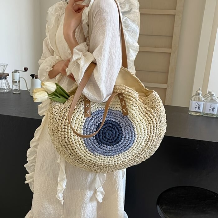 French Hook-Knit Straw Beach Bag - Two-Tone Blue & Beige Circular Woven Design with Double Handles & Zipper Closure, Vintage Bohemian Style for Summer Vacations, Casual Outings, College Commute, Vacation Accessory, Twotone Design, Textured Appearance - Image 11