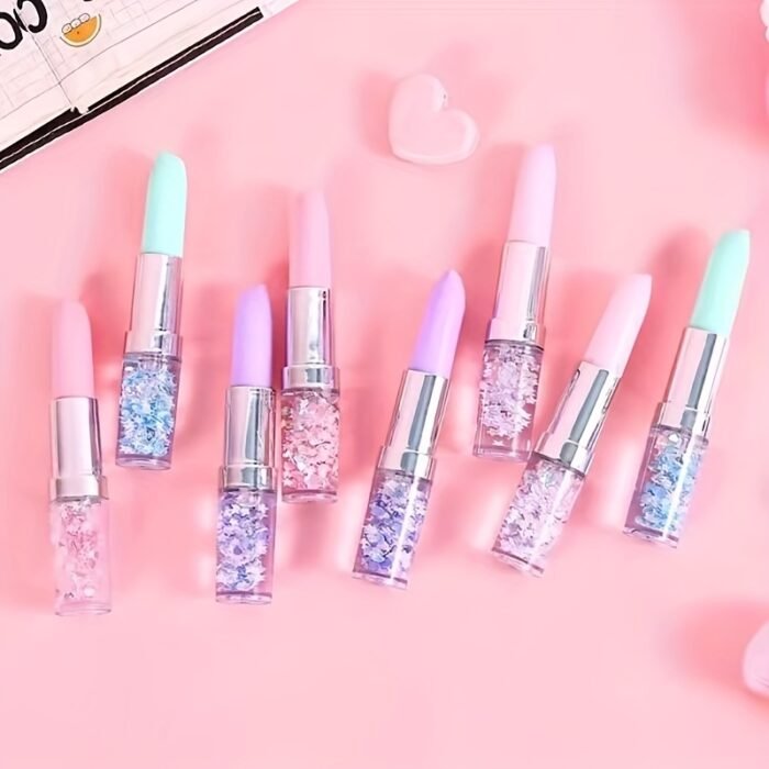 4pcs Creative Lipstick-Design Pens with Glitter Confetti Filling - Assorted Pastel Colors, Durable Plastic Fun Writing Stationery for Students, School Office Supplies & Prize Gifts, Student Gift Item | Playful Aesthetic | Sparkling Confetti, Cute Pens - Image 4