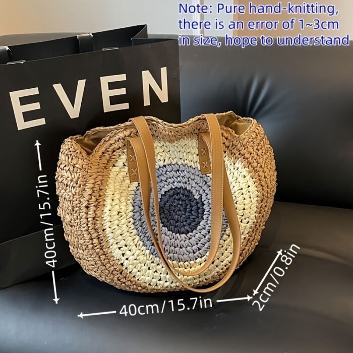 French Hook-Knit Straw Beach Bag - Two-Tone Blue & Beige Circular Woven Design with Double Handles & Zipper Closure, Vintage Bohemian Style for Summer Vacations, Casual Outings, College Commute, Vacation Accessory, Twotone Design, Textured Appearance - Image 12