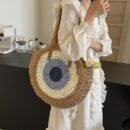 French Hook-Knit Straw Beach Bag - Two-Tone Blue & Beige Circular Woven Design with Double Handles & Zipper Closure, Vintage Bohemian Style for Summer Vacations, Casual Outings, College Commute, Vacation Accessory, Twotone Design, Textured Appearance