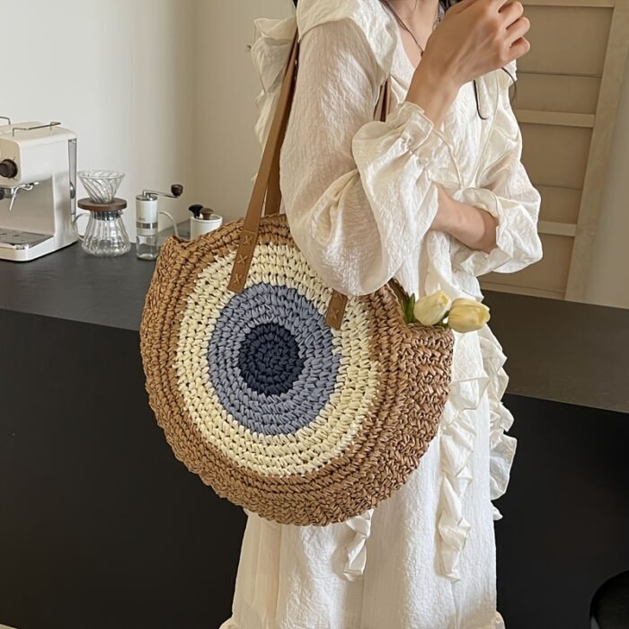 French Hook-Knit Straw Beach Bag - Two-Tone Blue & Beige Circular Woven Design with Double Handles & Zipper Closure, Vintage Bohemian Style for Summer Vacations, Casual Outings, College Commute, Vacation Accessory, Twotone Design, Textured Appearance - Image 2
