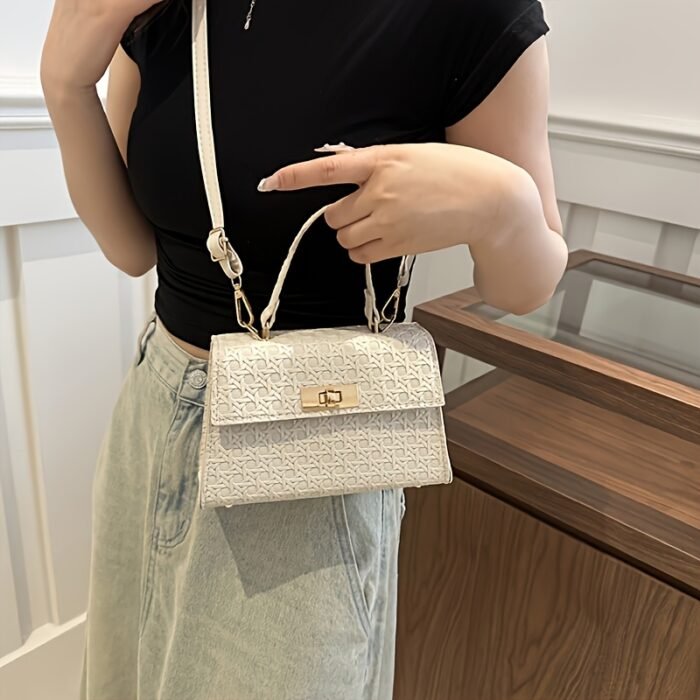 Elegant White Crossbody Bag with Golden-Tone Hardware & Floral Embossed Design - Versatile Women'S Shoulder Bag for Walking, Shopping, Travel, and Parties - Lock Closure, Detachable Strap, Everyday Carry Bag | Elegant Women'S Bag | Glossy Finis