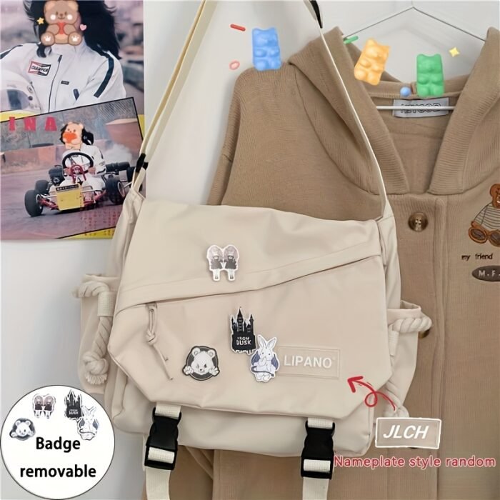 Harajuku style large capacity shoulder bag, retro workman's mail carrier bag, nylon crossbody bag for students with 4 badges included, fashionable bag suitable for men and women, perfect for back-to-school season - Image 3