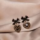 Elegant Black Bow Earrings with Heart Gemstone - Vintage-Inspired Party Jewelry, Ideal for Christmas, Halloween, New Year, Valentine'S Day Gifts for Women, Moms, and Friends, Gift Jewelry|Vintageinspired Earrings|Synthetic Gemstone Earrings