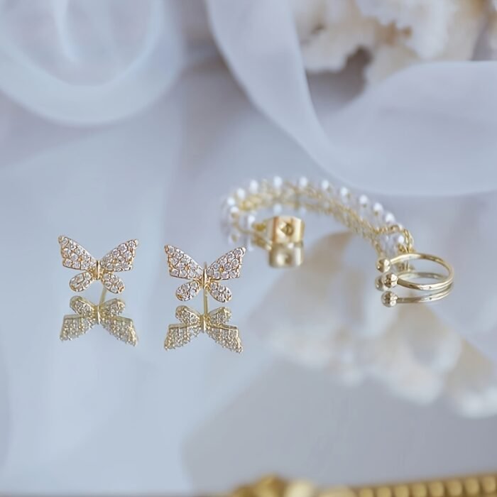 1 Pair of Temperament Simple Irregular Imitation Chain Tassel Butterfly Micro Drill Earrings Ear Clip Set for Girls, Valentine's Day Party Fairy Earrings - Image 4