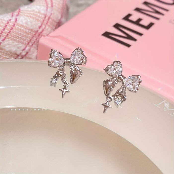 Elegant Bowknot Stud Earrings with Sparkling Cubic Zirconia, Alloy - Perfect for Summer Outfits, Dates, and Travel - Ideal Gift for Her, Vacation Jewelry|Glamorous Accessory|Alloy Construction - Image 3