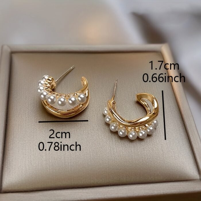 1 Pair Elegant Double Layer C-Shaped Faux Imitation Pearl Earrings for Women – Golden-Tone Zinc Alloy with White Imitation Pearl, Perfect for Casual Attire or Parties - Image 5