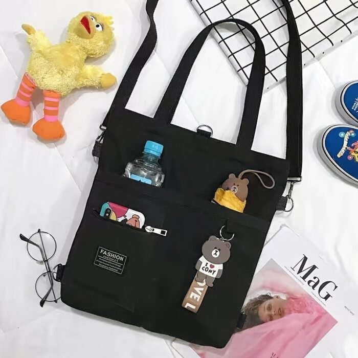 1pc Black and Yellow Canvas Tote Bag with Zipper Closure - Durable, Handwashable Messenger Bag for Students and Casual Use, Features Multiple Pockets and Adjustable Straps, Casual Accessory|Playful Design|Zippered Bag - Image 7