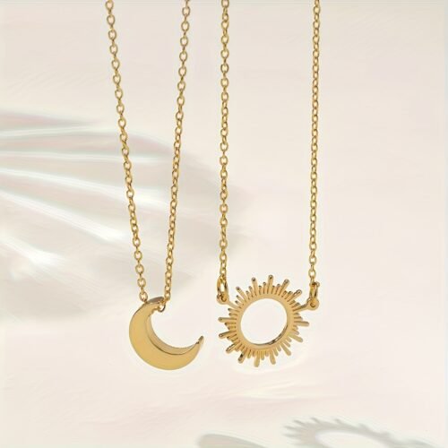 Elegant Bohemian Style 18K Golden Plated Stainless Steel Sun & Moon Pendant Necklace Set - Perfect for All Seasons, Gifting, Parties, and Elegant Events, Everyday Jewelry|Bohemian Necklace|Durable Metal, Moon Jewelry