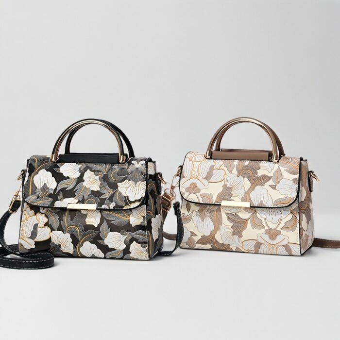 Elegant Floral Print Women's Handbag - Stylish Crossbody Bag with Golden-Tone Hardware, White Base & Black/Beige Floral Pattern, Lightweight & Spacious for Everyday Use - Image 20