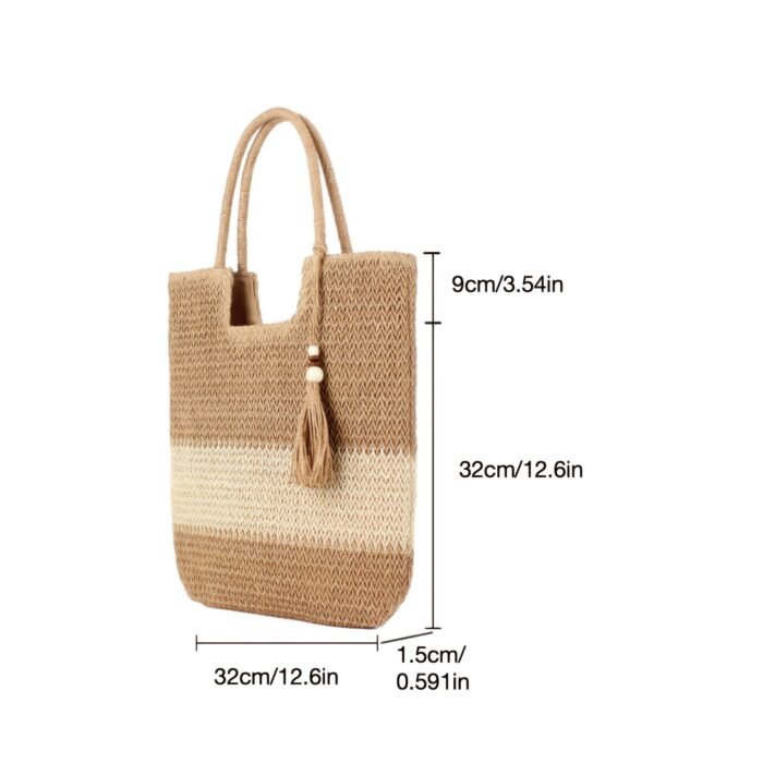 [Everyday Comfort] Large Capacity Woven Straw Tote Bag for Women - Stylish Beach Shoulder Handbag with Tassel Detail, Light Brown & Beige Two-Tone Design, Perfect for Spring and Summer Travel or Casual Outings, Casual Handbag | Chic Straw Tote | Natural Texture, Straw Handbag - Image 9