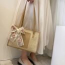 Elegant Woven Tote Bag with Floral Accent - Large Capacity, Rectangular Shape, Zipper Closure, Polyester Lining, Available in Beige, Green, and Cream, Perfect for Beach and Summer Outings, Beach Tote Bag|Elegant Tote Bag|Zippered Closure, Beach Bag