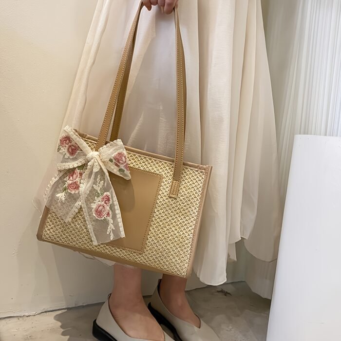 Elegant Woven Tote Bag with Floral Accent - Large Capacity, Rectangular Shape, Zipper Closure, Polyester Lining, Available in Beige, Green, and Cream, Perfect for Beach and Summer Outings, Beach Tote Bag|Elegant Tote Bag|Zippered Closure, Beach Bag - Image 9