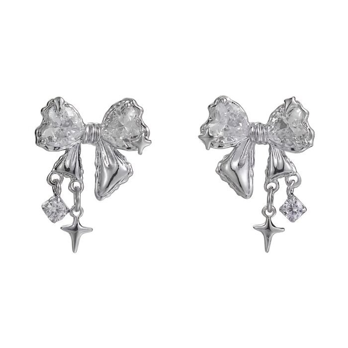 Elegant Bowknot Stud Earrings with Sparkling Cubic Zirconia, Alloy - Perfect for Summer Outfits, Dates, and Travel - Ideal Gift for Her, Vacation Jewelry|Glamorous Accessory|Alloy Construction - Image 8