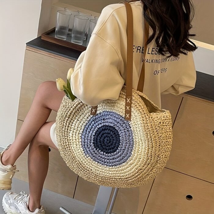 French Hook-Knit Straw Beach Bag - Two-Tone Blue & Beige Circular Woven Design with Double Handles & Zipper Closure, Vintage Bohemian Style for Summer Vacations, Casual Outings, College Commute, Vacation Accessory, Twotone Design, Textured Appearance - Image 9