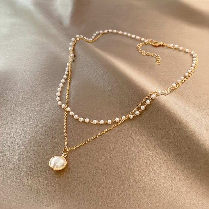 Elegant Double Layer Chain Necklace - Imitation Pearl Pendant, Iron Material, Versatile for Women, Daily & Party Wear, 1pc - Image 7