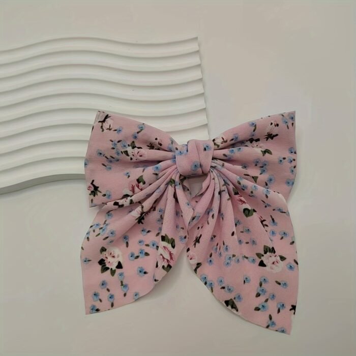 [1pc Elegant Bow Tie] Elegant Floral Print 1pc Bow Tie Hair Clip | Bohemian Style, Perfect for Daily Wear & Valentine's Day | White with Pink and Green Floral Patterns, Cute Hair Accessory for Girl - Image 9