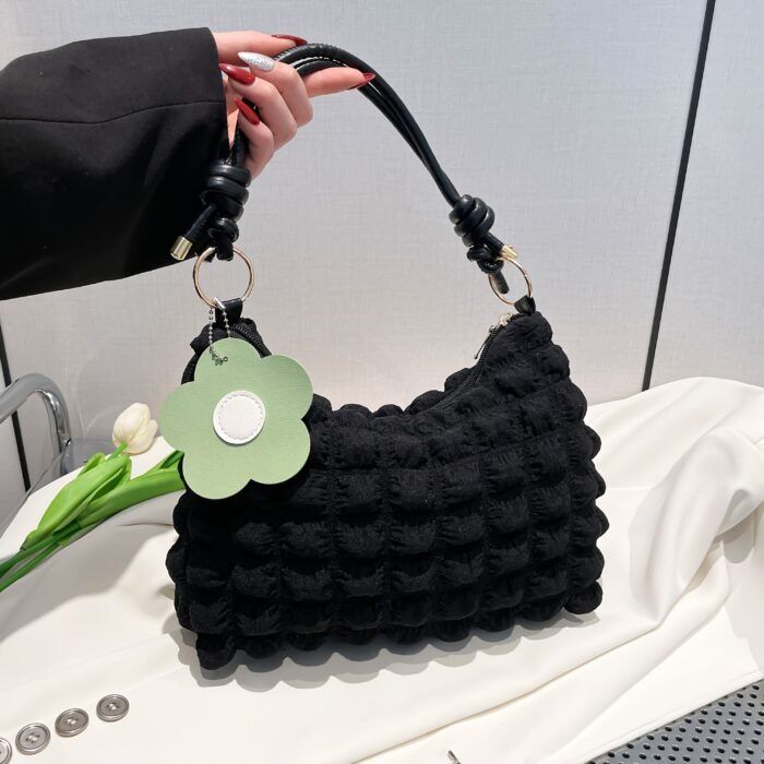 Chic Bubble Flower Shoulder Bag for Women, Lightweight Pleated Tote for Shopping & Daily Commute, Versatile Single-Strap & Crossbody Bag in Black, Pink, White - Polyester Lined, Zip Closur - Image 3