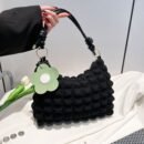 Chic Bubble Flower Shoulder Bag for Women, Lightweight Pleated Tote for Shopping & Daily Commute, Versatile Single-Strap & Crossbody Bag in Black, Pink, White - Polyester Lined, Zip Closur