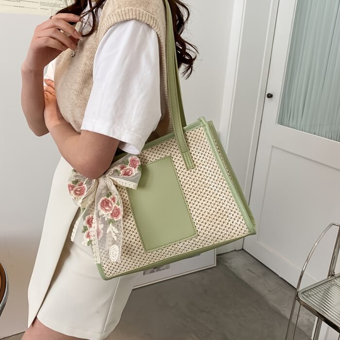 Elegant Woven Tote Bag with Floral Accent - Large Capacity, Rectangular Shape, Zipper Closure, Polyester Lining, Available in Beige, Green, and Cream, Perfect for Beach and Summer Outings, Beach Tote Bag|Elegant Tote Bag|Zippered Closure, Beach Bag - Image 2