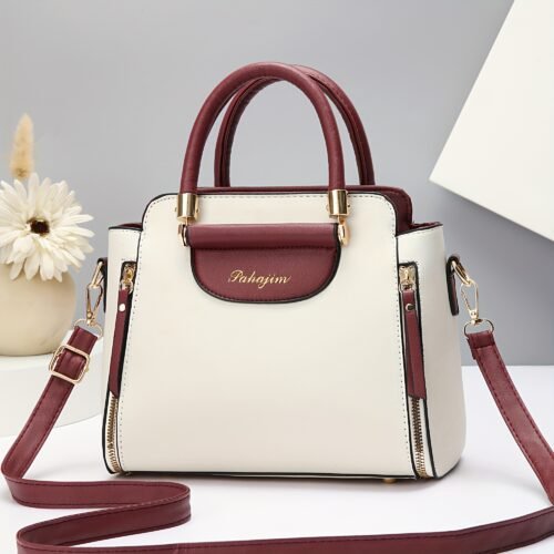 Stylish White & Navy Blue Women'S Handbag with Golden-Tone Hardware - Detachable Shoulder Strap, Zipper Closure, Polyester Lining - Perfect Gift for Mom or Family, Casual Chic Design, Durable Zipper Closure