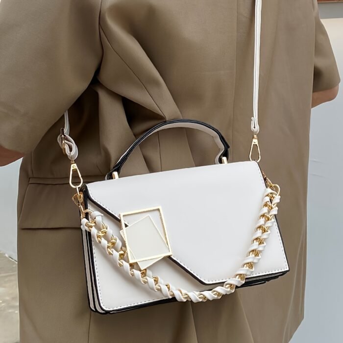 Metal-Decorated Square Handbag - Large Capacity, Lightweight, Portable | Mini Synthetic Flip Bag for Women, Perfect for Office, Business, Autumn & Winter - Image 2
