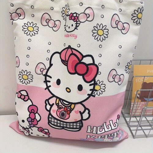 For Hello Kitty Canvas Tote Bag, Cute Cartoon Pink Shoulder Bag with Letter Design, Large Capacity, Lightweight for Daily Commute, Work, Shopping