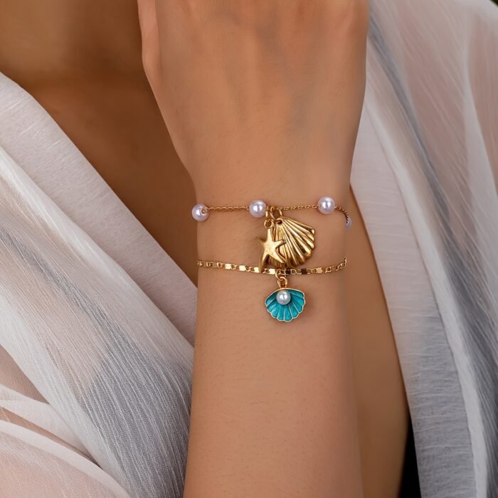 2pcs Set Elegant Simple Style Imitation Pearl and Shell Bracelets with Starfish Charm, Ocean-Inspired Fashion Jewelry, for Daily Wear - Image 2