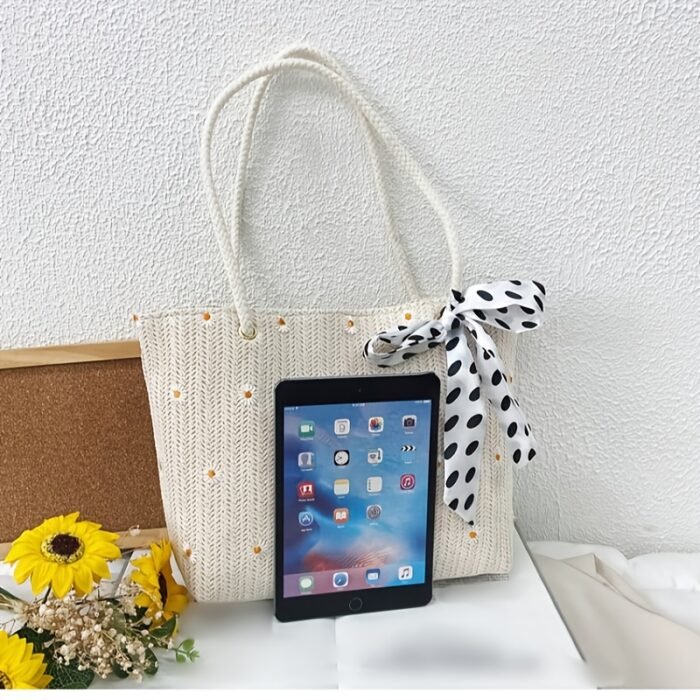 Women's Summer Tote Bag - Straw-Weave Fabric with Polka Dot Bow & Daisy Embellishment, Spacious Beige Handbag with Golden-Tone Buttons, Includes Detachable Crossbody Strap for Casual or Formal Outings, Strawlike Texture, Goldtone Hardware - Image 5