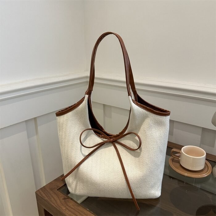 Women'S Crossbody Bag, Niche Patchwork Canvas Tote Bag, Commuting Fashion with Bow Tie, Shoulder Underarm Bag-- Stylish Design, Quality Workmanship, Comfortable Handle, 3 Colors to Choose from, Suitable for Shopping, Shopping, Work Commuting, Travel Leisure, School Classes, Dates and so on, Perfect holiday gif - Image 12