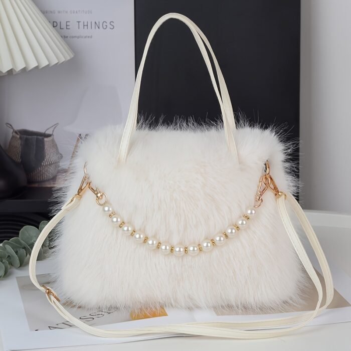 Women's Faux Fur & Embellished Crossbody Bag with Detachable Strap - Magnetic Closure Compact Casual Chic Handbag in Bright Pink, Khaki, Coffee, White, Black, Fashion Accessory, Evening Accessory, Embellishment, Soft Texture - Image 11
