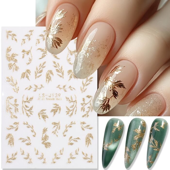 2pcs Golden Glitter Leaf Design Nail Stickers, Self-Adhesive Willow Leaf Pattern for DIY Salon, Women and 'S Nail Art Supplies LS-J - Image 5