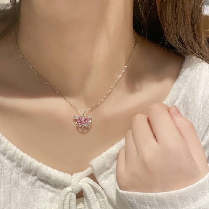 1pc Elegant Korean-Japanese Style Women's Necklace with Sparkling Pink Heart Rhinestone Pendant - Delicate Chain Jewelry Gift for Weddings, Anniversaries & Special Occasions, Necklace for Girlfriend, Wedding Accessory, Sleek Design