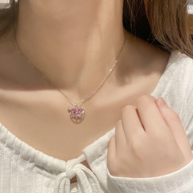 1pc Elegant Korean-Japanese Style Women's Necklace with Sparkling Pink Heart Rhinestone Pendant - Delicate Chain Jewelry Gift for Weddings, Anniversaries & Special Occasions, Necklace for Girlfriend, Wedding Accessory, Sleek Design