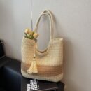 [Everyday Comfort] Large Capacity Woven Straw Tote Bag for Women - Stylish Beach Shoulder Handbag with Tassel Detail, Light Brown & Beige Two-Tone Design, Perfect for Spring and Summer Travel or Casual Outings, Casual Handbag | Chic Straw Tote | Natural Texture, Straw Handbag