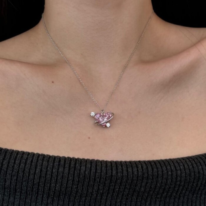 1pc Elegant Korean-Japanese Style Women's Necklace with Sparkling Pink Heart Rhinestone Pendant - Delicate Chain Jewelry Gift for Weddings, Anniversaries & Special Occasions, Necklace for Girlfriend, Wedding Accessory, Sleek Design - Image 2