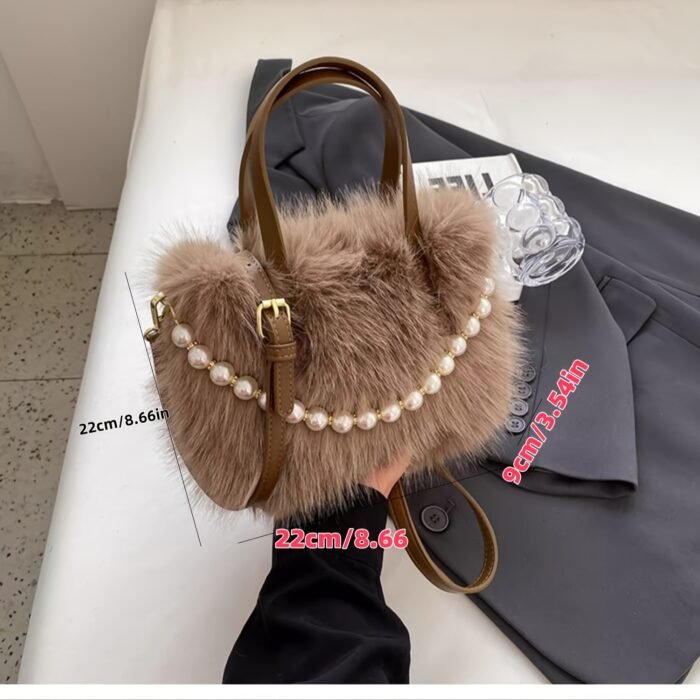 Women's Faux Fur & Embellished Crossbody Bag with Detachable Strap - Magnetic Closure Compact Casual Chic Handbag in Bright Pink, Khaki, Coffee, White, Black, Fashion Accessory, Evening Accessory, Embellishment, Soft Texture - Image 5